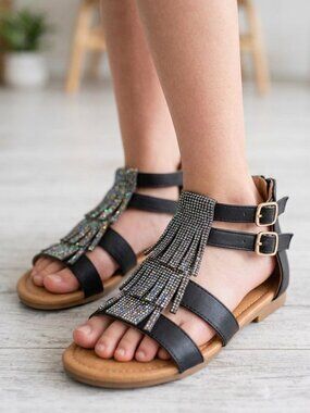 G.C. Shoes Girls Black Sparkle Fringe Gladiator Sandals - Size 1